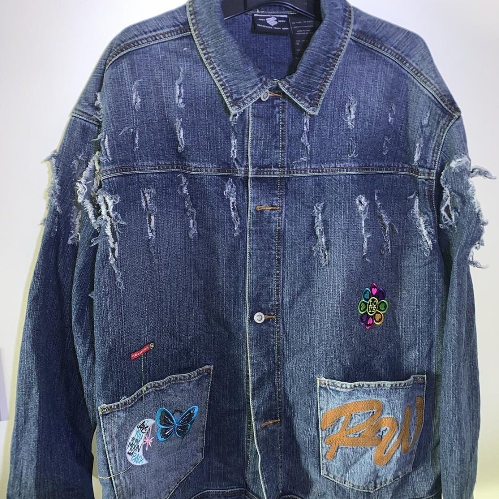 Rocawear Blue Distressed Jean Jacket w/Embroidered Patches (Fits LARGER than XL)